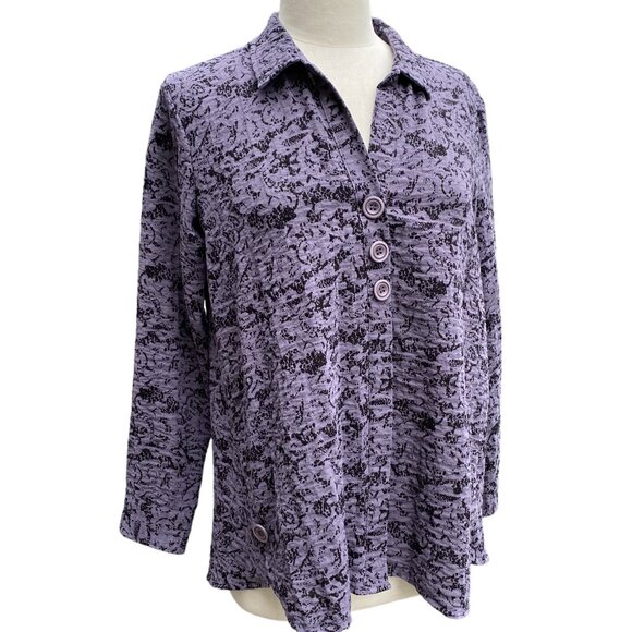 Habitat Button Down Abstract Top Sz S Purple Floral Tunic Lagenlook Artsy - Picture 1 of 14